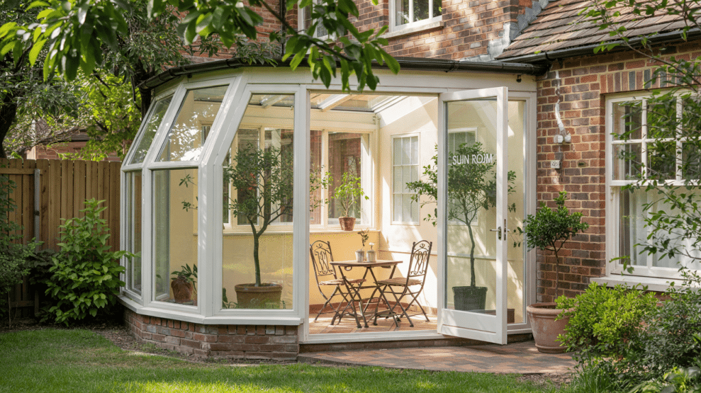 Bay-shaped orangery with angled glass panels extending from a brick house, featuring a bright interior seating area with a small table and potted plants opening onto a garden.