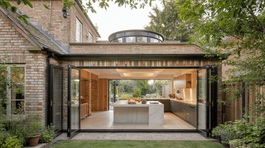 Bifold door orangery with fully open glass doors connecting the kitchen to the garden.