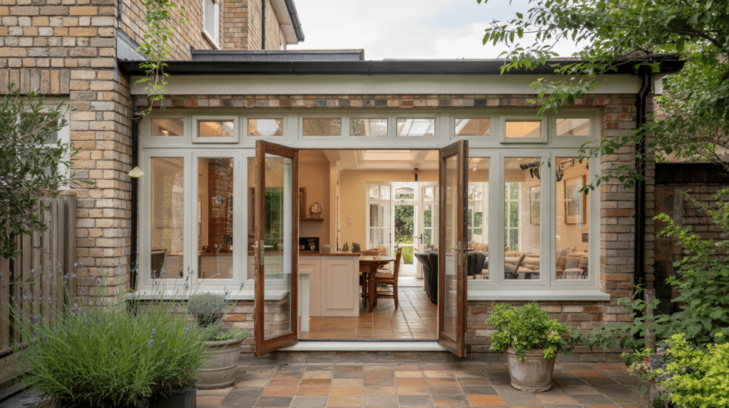 Orangery with a brick base and wide glass doors, opening into a bright living space with large windows and garden views.