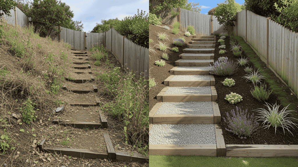 Before and after sloping garden makeover with new steps, gravel paths, and planted borders.