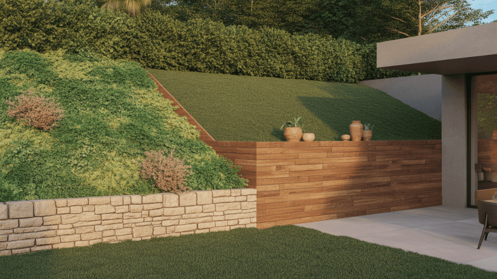 Modern sloped garden with layered retaining walls in stone and wood, creating a clean, structured terrace design.