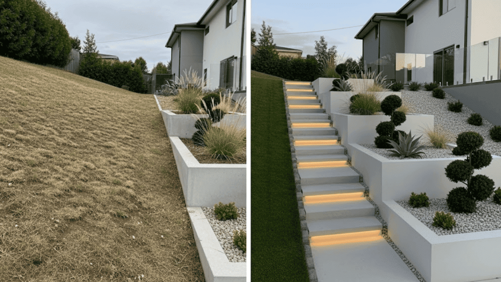 Before and after minimalist slope redesign with clean steps, lighting, and modern landscaping.