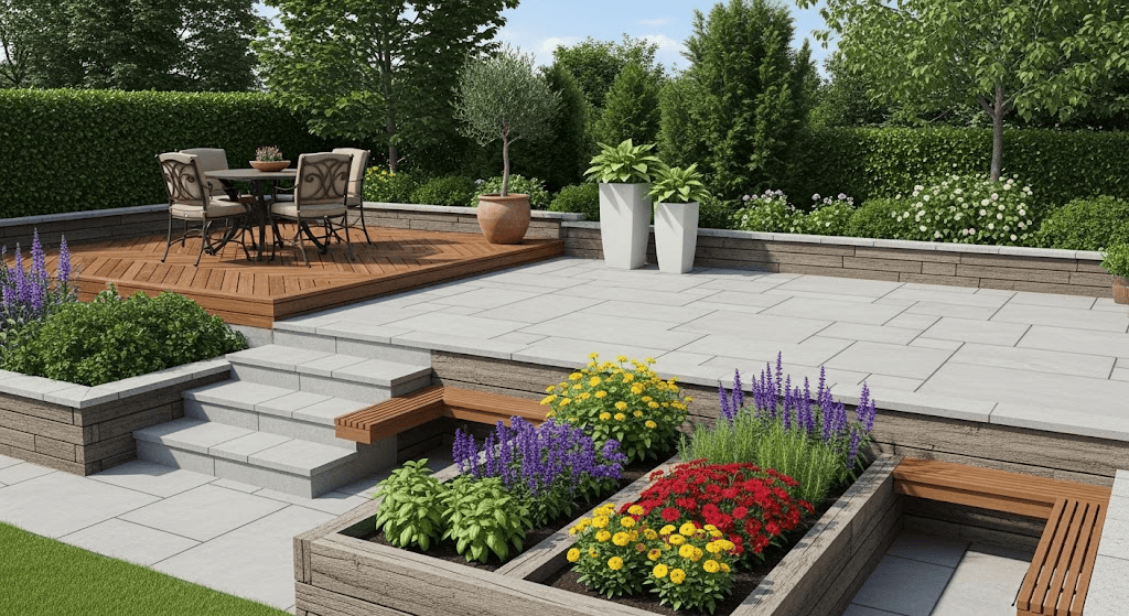 Tiered backyard with multi-level patio design, featuring steps, raised planters, and a wooden deck seating area surrounded by greenery and flowers.