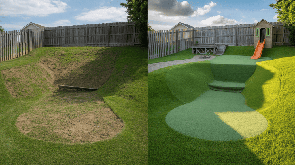 Before and after family-friendly garden slope with play area, smooth turf, and slide.