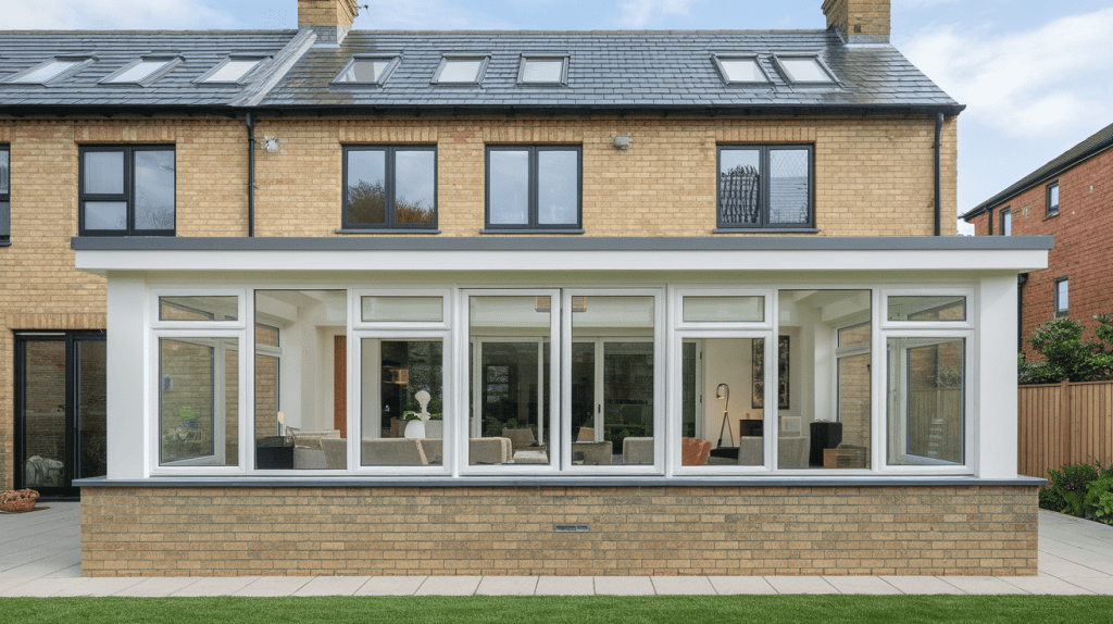 Flat roof orangery extension with wide horizontal windows attached to a brick house, featuring a modern, clean-lined design and a bright interior living space facing the garden.