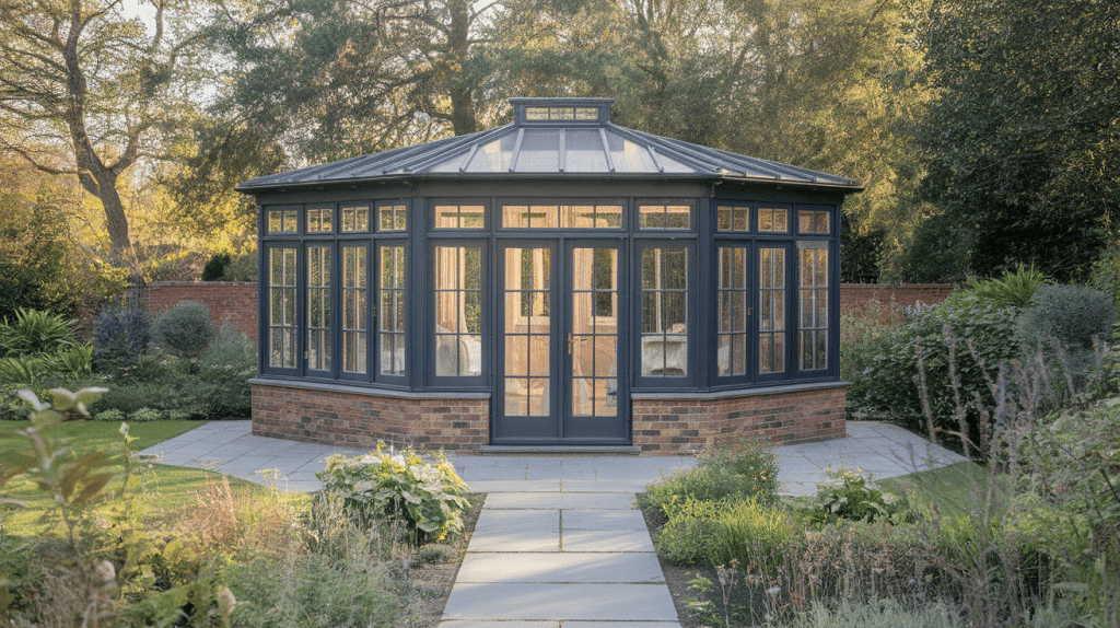 Garden room orangery with dark-framed glass walls and a central door, set on a brick base and surrounded by landscaped greenery in a backyard setting.