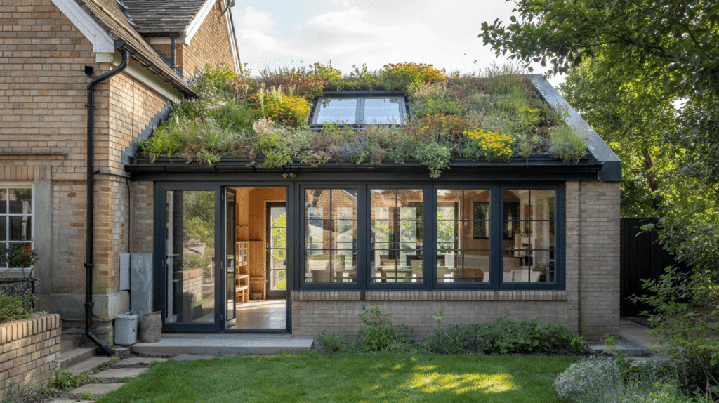 Orangery with planted green roof, large windows, and garden-facing doors.