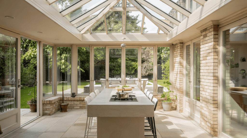 Kitchen island orangery with central island, glass roof, and surrounding garden views.