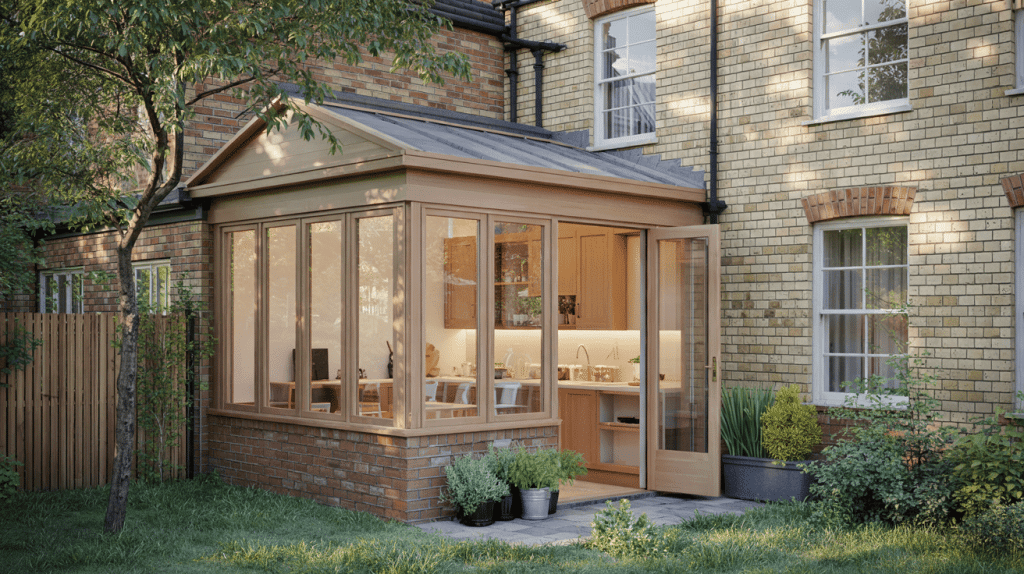 Lean-to side return orangery attached to a brick house, featuring large glass panels, a sloped roof, and a bright kitchen space opening to the garden.