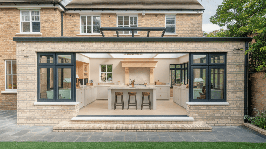 Open-plan kitchen orangery with island and wide glass opening to garden.