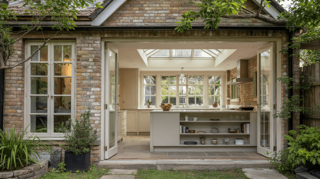 Partial wall orangery with brick sides and open glass kitchen extension to garden.