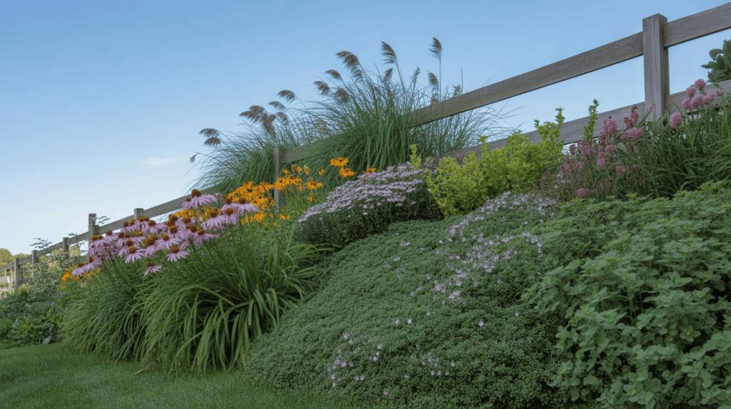 Sloped garden with layered planting design, featuring ornamental grasses, flowering perennials, and ground cover plants arranged to prevent erosion and add color.