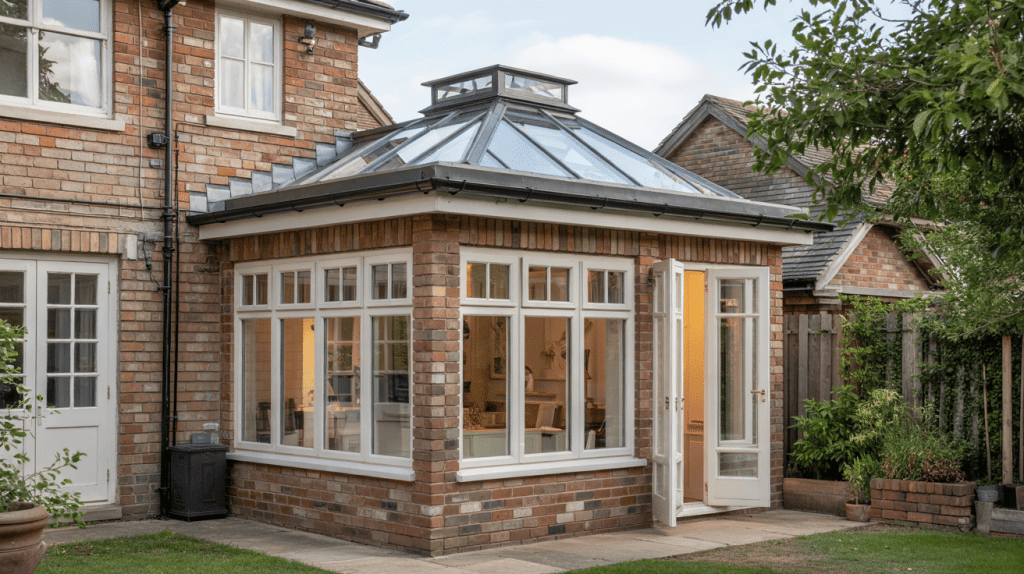 Brick house extension with a roof lantern orangery, featuring large windows, glass roof panels, and a bright interior opening onto the garden.