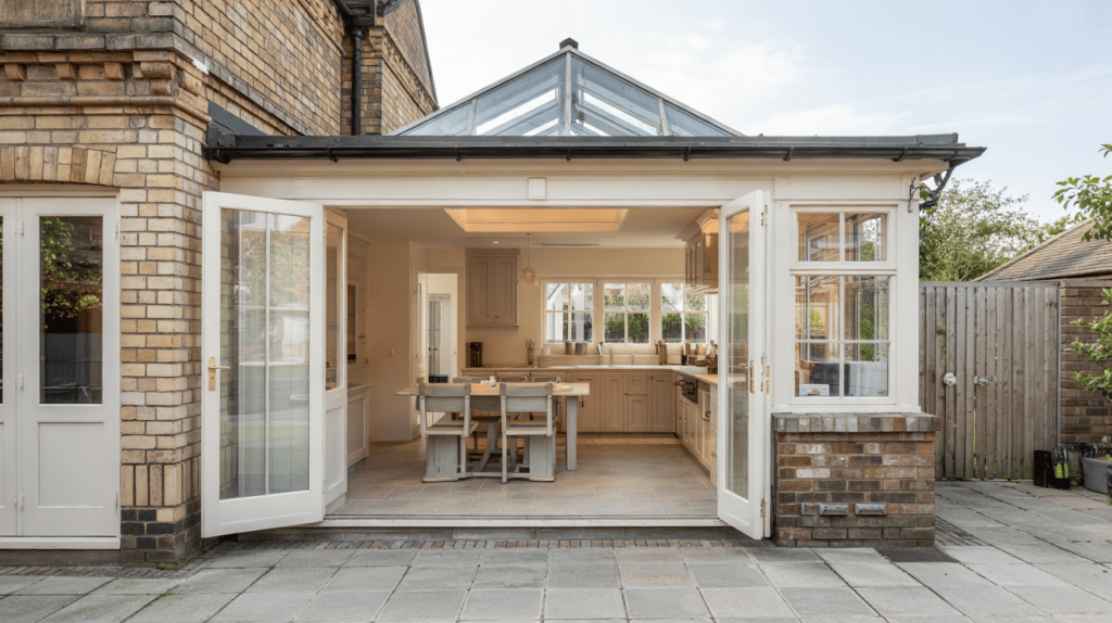 Orangery with matching indoor and outdoor flooring, creating a seamless garden connection.