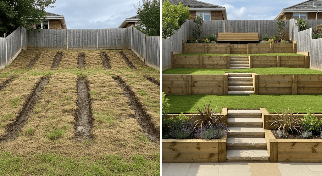 Before and after backyard transformation with terraced landscaping, steps, and neatly designed garden beds.