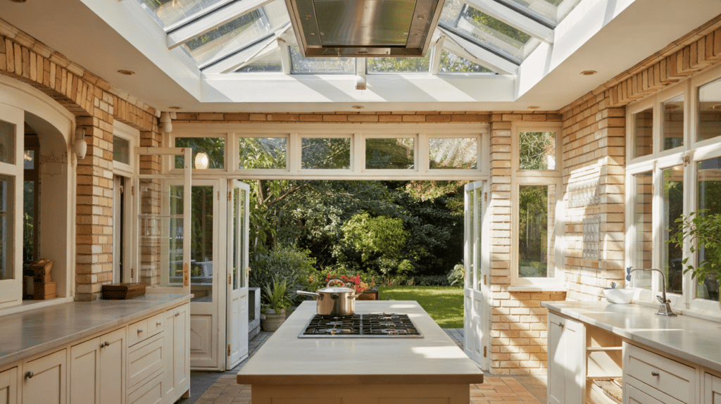 Vented roof orangery with open skylights above a bright kitchen and garden view.