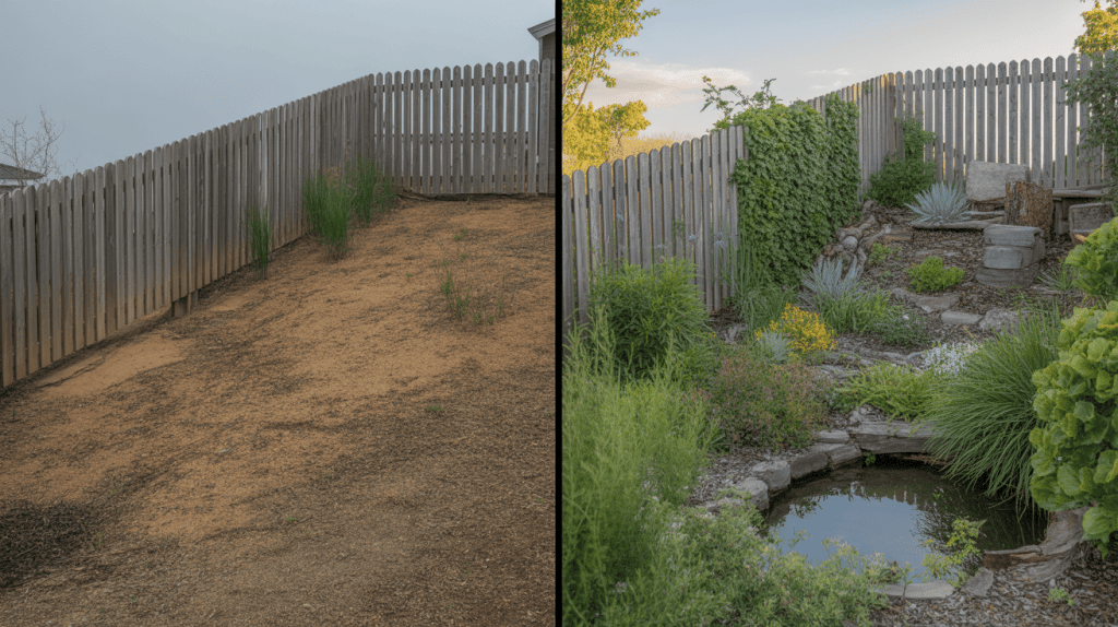 Before and after wildlife-friendly garden slope with plants, stones, and a small pond attracting nature.
