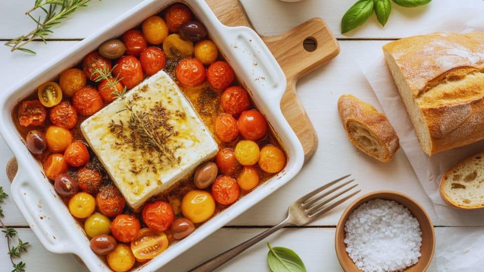 baked feta and veggies served with bread