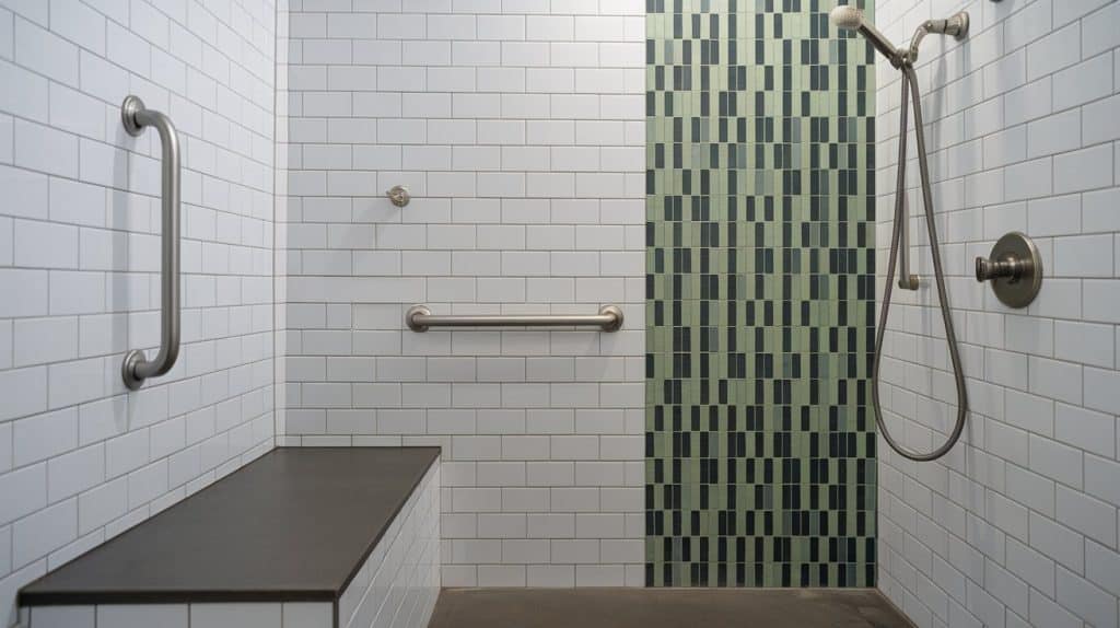 wet room with dual grab bar layout
