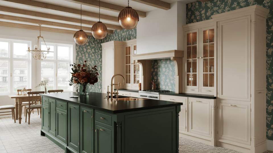 dark green cabinets beadboard ceiling