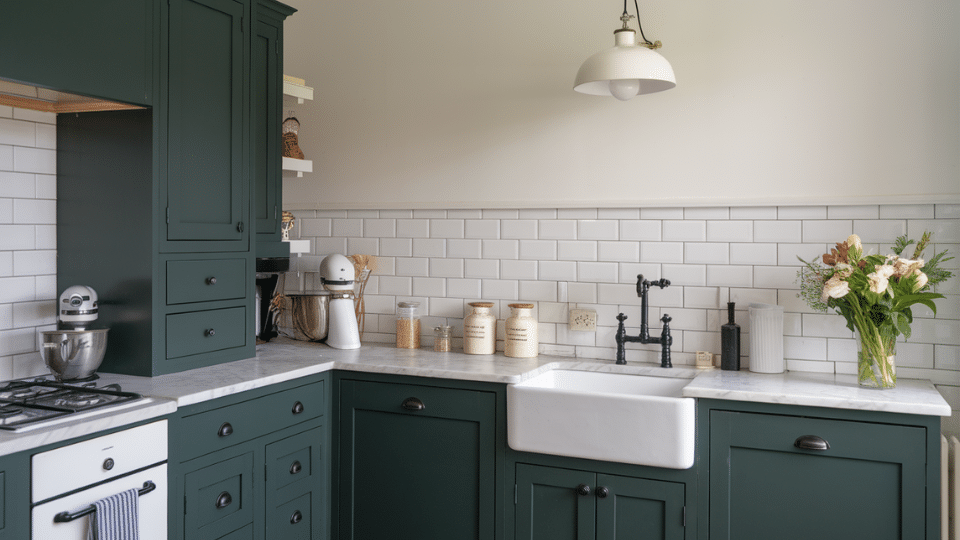 dark green cabinets white uppers