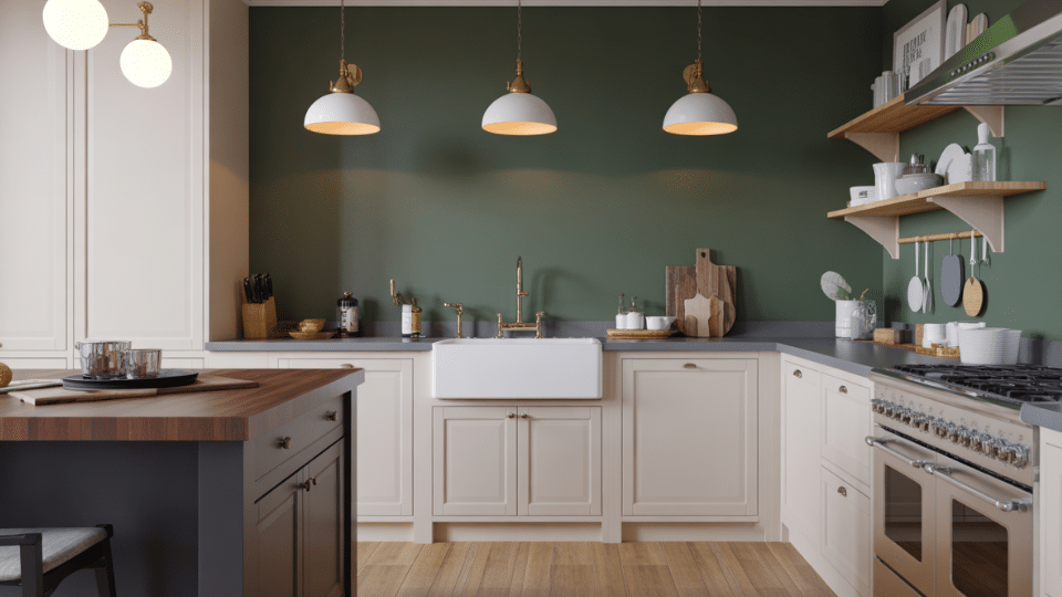 dark green painted walls white cabinets