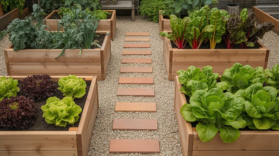 gravel courtyard with raised beds