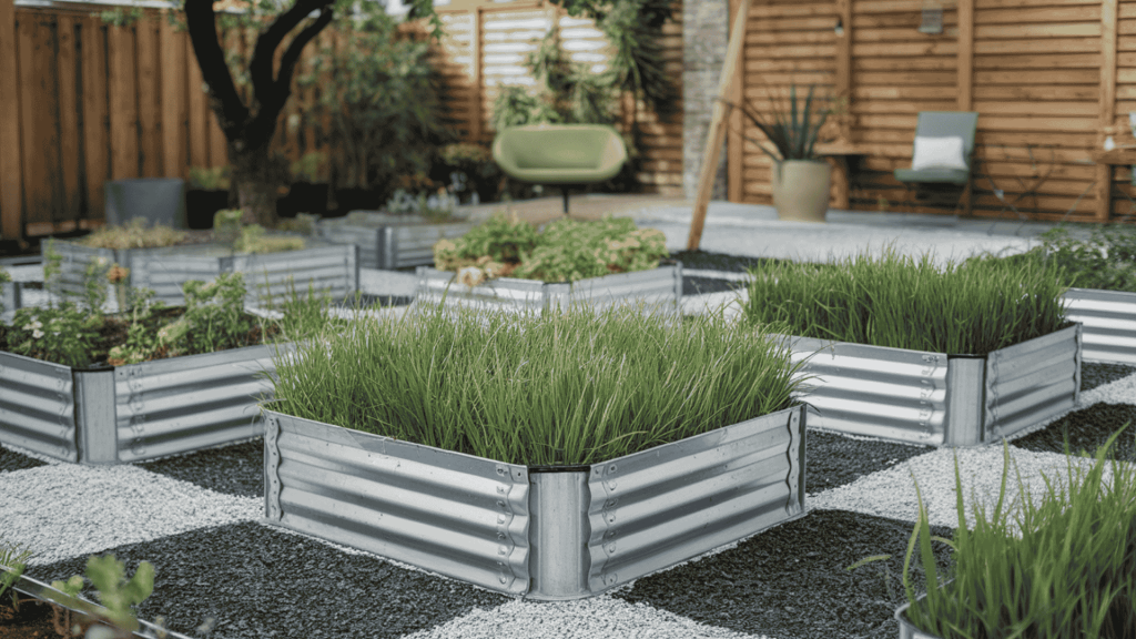 gravel garden with elevated plants