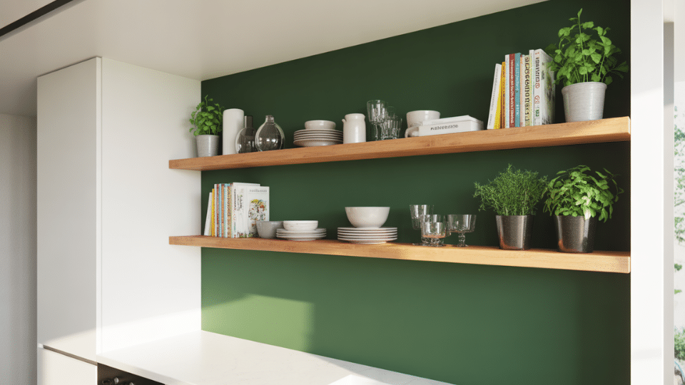 matte dark green accent wall behind open shelving
