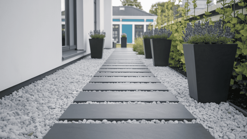 mixed hardscape and gravel contrast