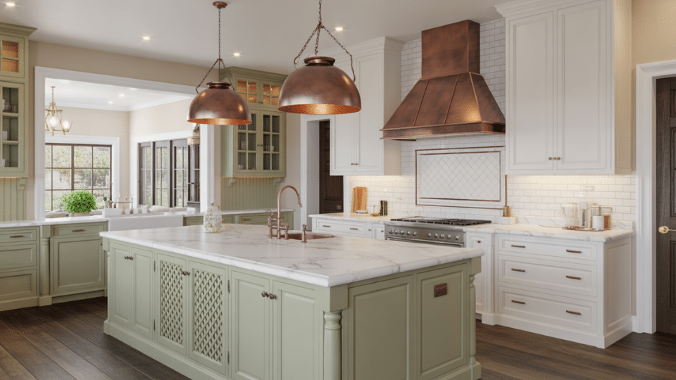 mixed metal fixtures green kitchen