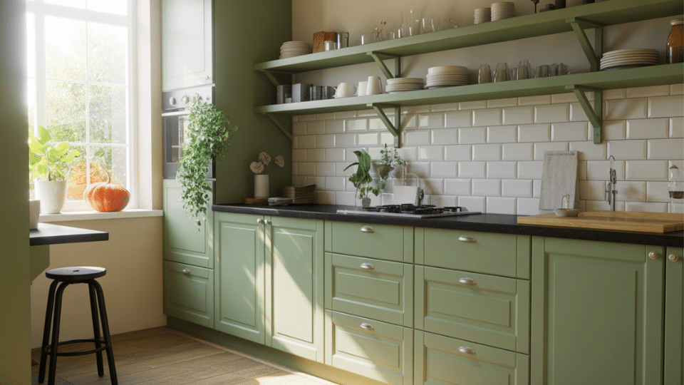 pale stone backsplash deep green cabinets