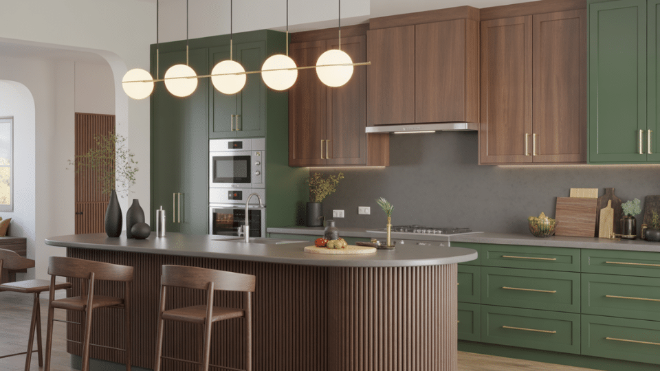 tone cabinets dark green natural wood