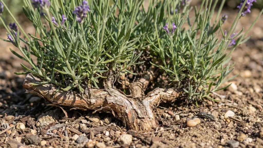 Close-up of a mature lavender plant showing its thick woody base spreading outward at the soil level, with green stems and purple blooms emerging from the widened center in dry, well-drained soil