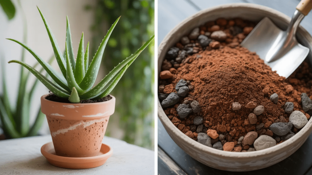 Split image showing two sections: On the left, an aloe vera plant in a terracotta pot, highlighting the benefits of proper drainage. On the right, cactus and succulent potting mix with perlite, sand, and lava rock, ideal for aloe vera care