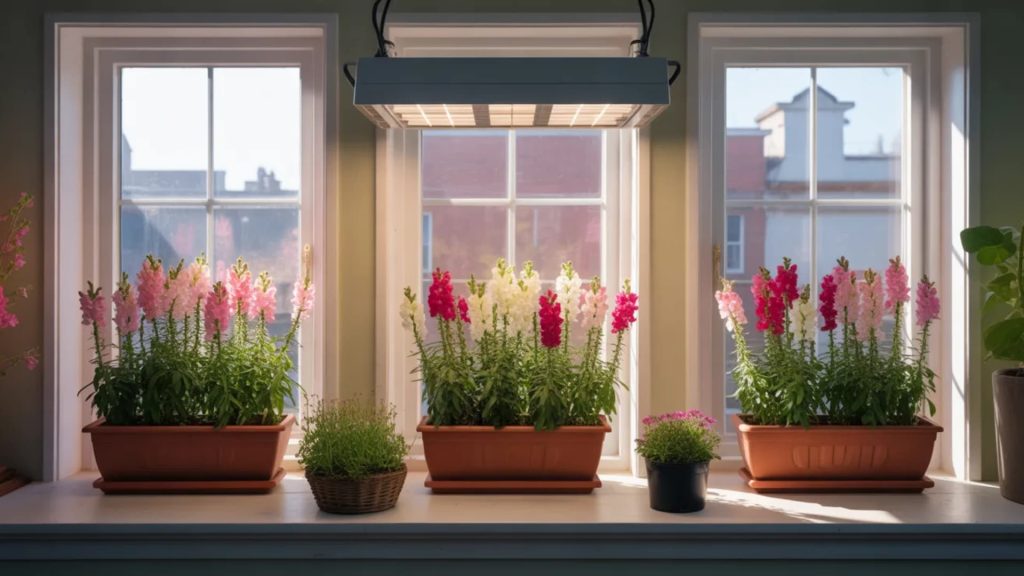 Snapdragons in planters placed by a sunny window, with a grow light positioned above them, providing extra light to the plants.</p>
<p>Inside, the plant gets whatever your windows allow. Unlike outdoors, the light does not shift or follow the sun. What the window gives is what the plant gets, all day, every day