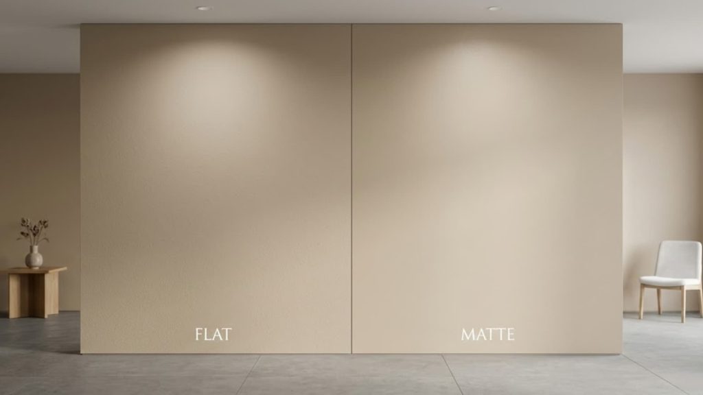 Side-by-side comparison of flat and matte paint finishes on beige interior walls
