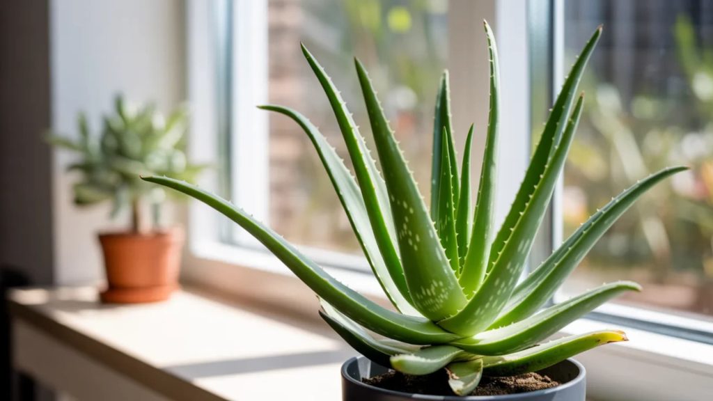 An aloe vera plant placed near a south-facing window, thriving in bright, indirect light. The plant's leaves are healthy and vibrant, with no signs of burning or stretching towards the light