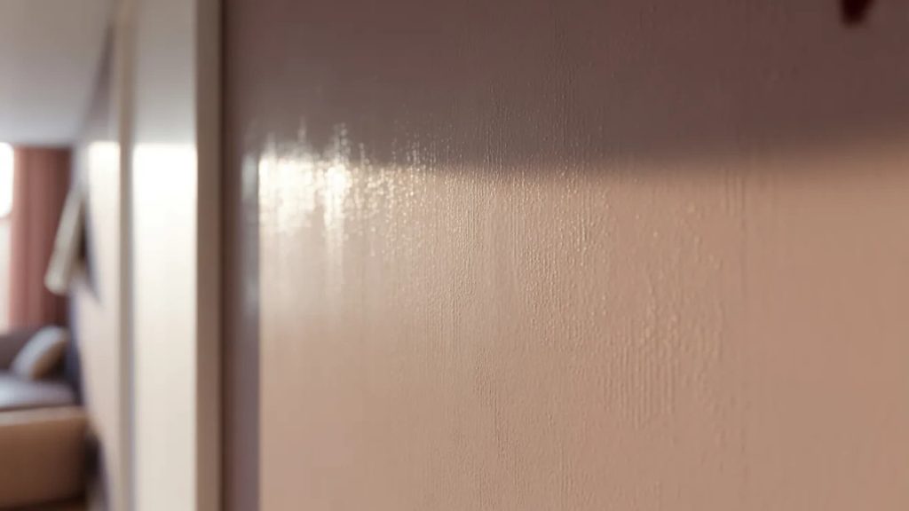 Close-up of a warm beige wall painted in satin finish, with natural light reflecting