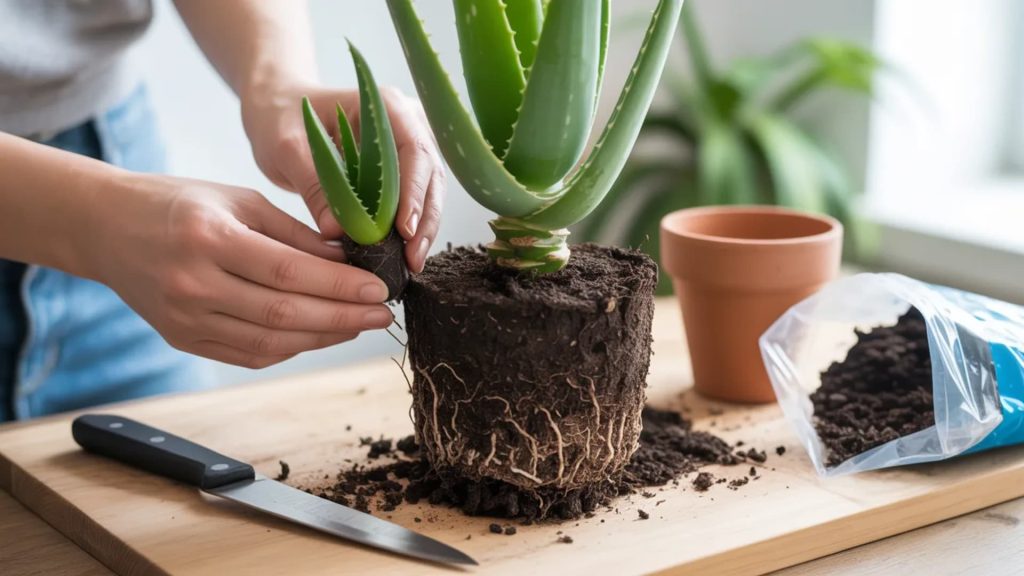 Hands separating an aloe vera pup from the parent plant for repotting
