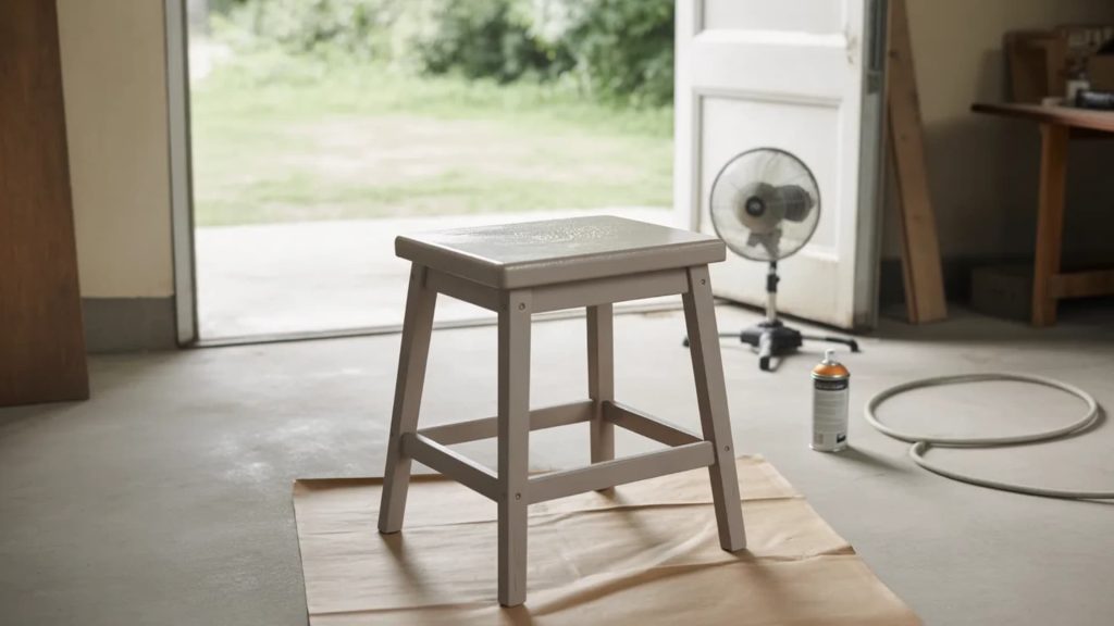 Freshly spray-painted wooden stool drying on brown protective paper inside an open garage, soft natural daylight coming through the doorway, small fan positioned nearby for airflow, spray paint can resting on the floor, green yard visible outside