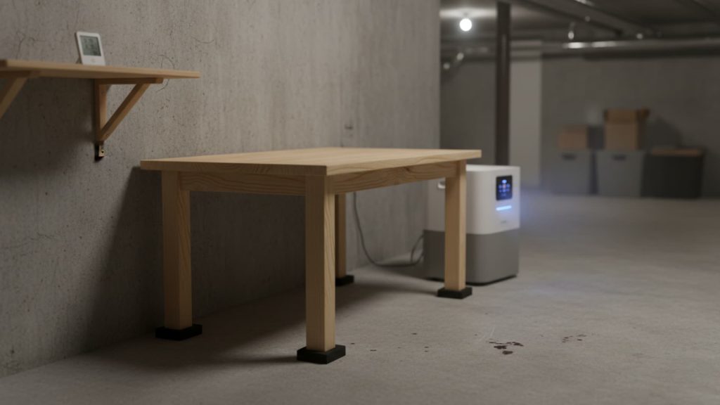 Wooden table placed a few inches away from a basement wall with a dehumidifier running nearby to prevent mold from coming back