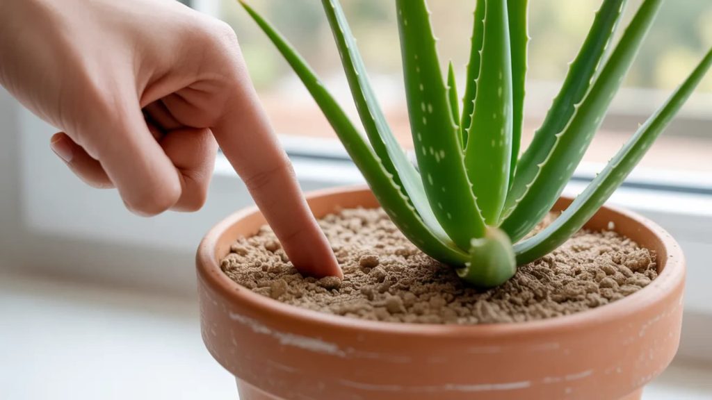 Person doing the finger test to check aloe vera soil moisture before watering