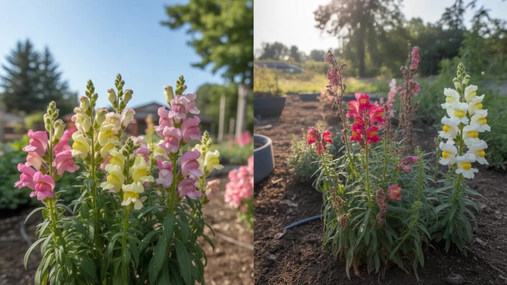 Side-by-side comparison of snapdragons in morning sun (healthy blooms) vs afternoon sun (wilted flowers) to show the impact of different sunlight times.