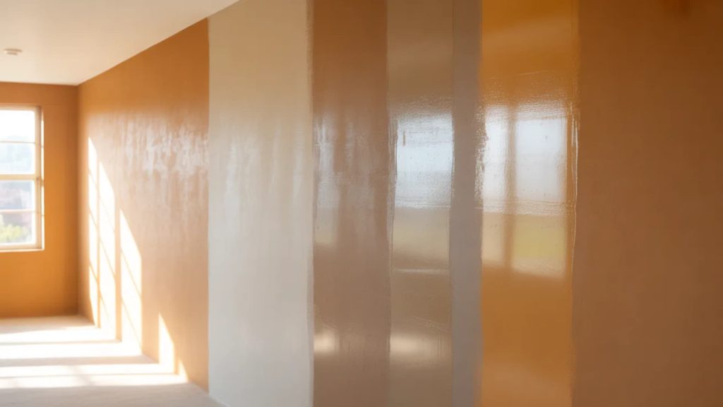 Warm orange wall shown in four finishes side by side, flat/matte, eggshell, satin, and semi-gloss