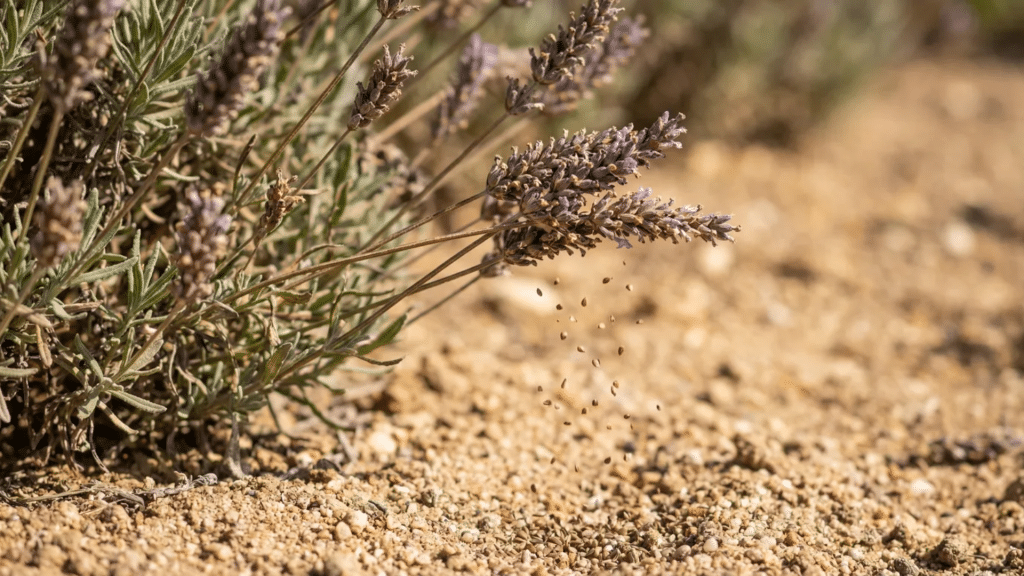 Close-up of dried lavender flower spikes releasing small seeds onto sandy, well-drained soil in a sunny garden setting