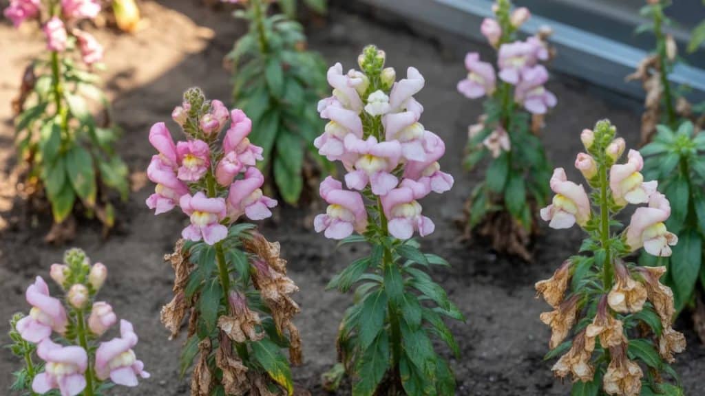 A garden showing snapdragons with signs of heat stress, including browning leaf edges, faded blooms, and wilting flowers, caused by too much afternoon sun. The background highlights the intense sun exposure.