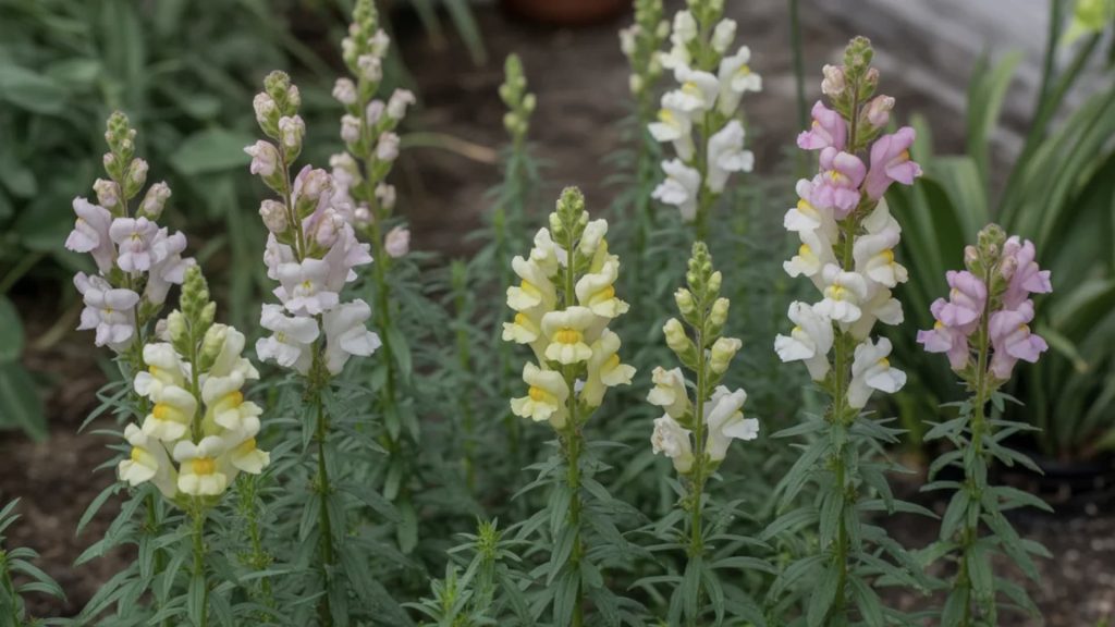 A garden showing snapdragons with signs of insufficient sunlight, including tall, thin stems, sparse blooms, and pale, yellowing leaves, highlighting the impact of low light on plant growth.