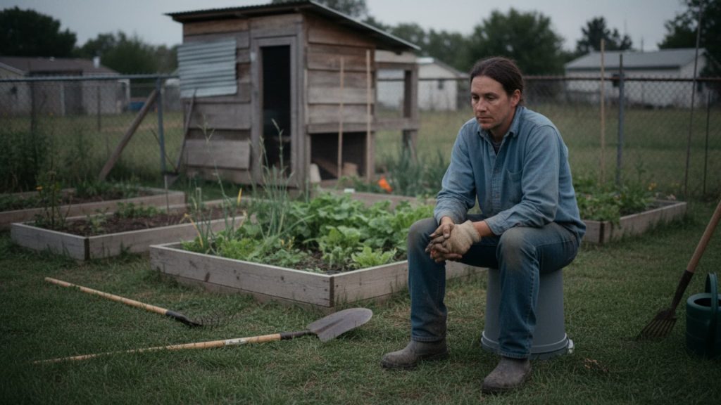 Tired homesteader sitting on an overturned bucket in a backyard garden at dusk, with raised beds, scattered tools, and a small wooden chicken coop behind them