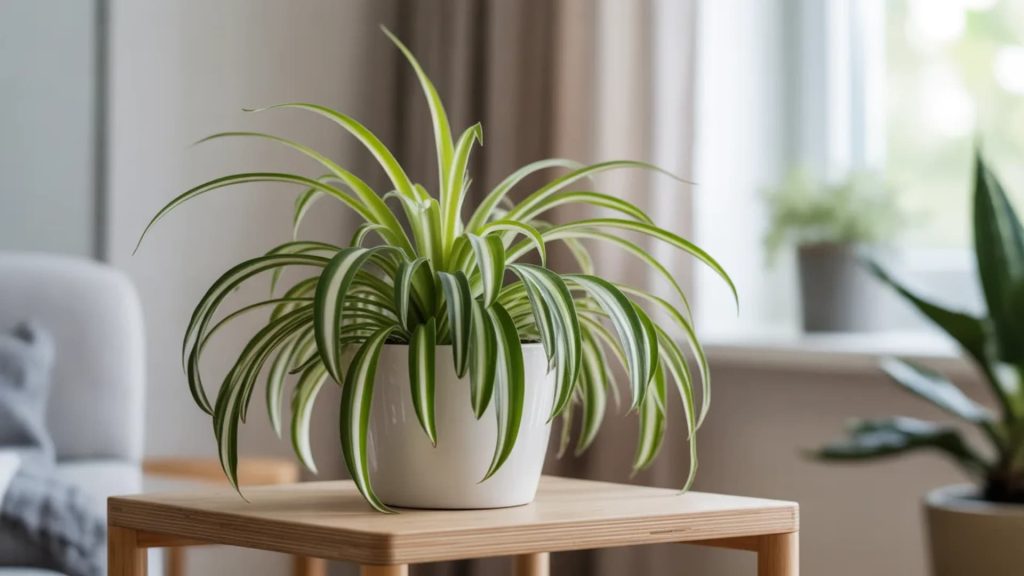 Spider plant in a white ceramic pot on a wooden shelf, with cascading green-and-white striped leaves, bathed in natural light, creating a fresh and calming indoor ambiance